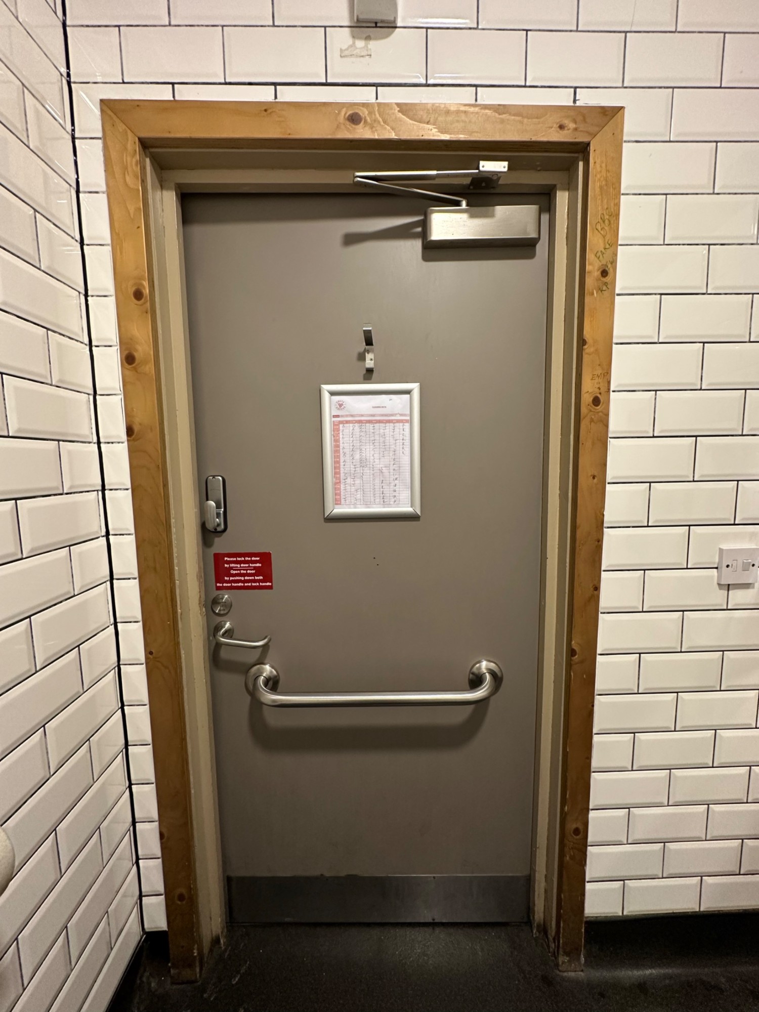 Back of grey bathroom door. Silver grab rail across centre. Silver turn handle on left. Push to open.