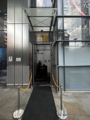 Double glass door. Pull to open. Queue dividers and black rug before entrance leading path ahead. Reception counter straight ahead.