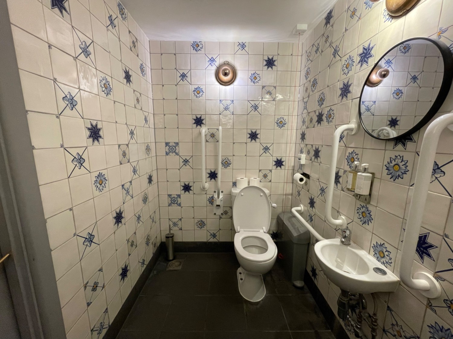 From doorway, facing left. Toilet at back right. Emergency cord on its right. Sink along right wall.