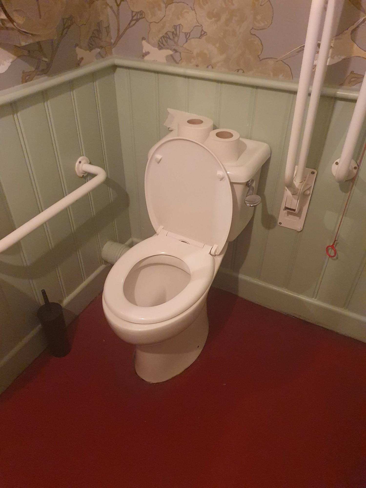 A toilet with a space on the right. There is a fixed grab rail on the left and the right. The red cord is to the right, a foot short of the floor