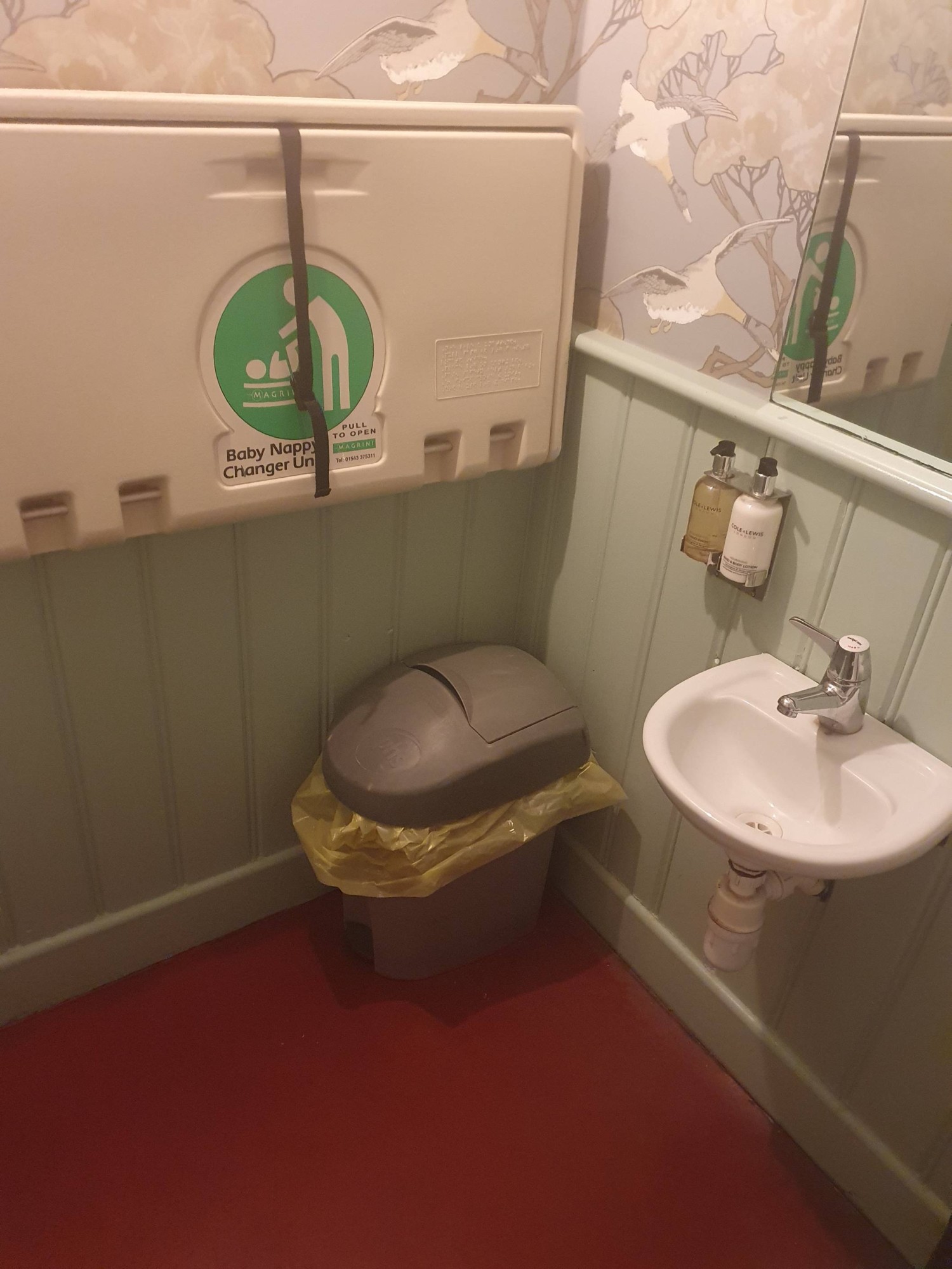 A disabled toilet. There is a changing table on the left wall. Underneath is a medium sanitary bin with a footpedal. To the right is a small sink