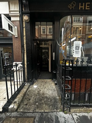 Main entrance ahead. Black wooden door with golden handle on mid right. Push to open. Black rails on both sides.