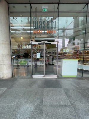 Path ahead. Metal-framed glass doors at end of path. Push silver handles at centre to open.