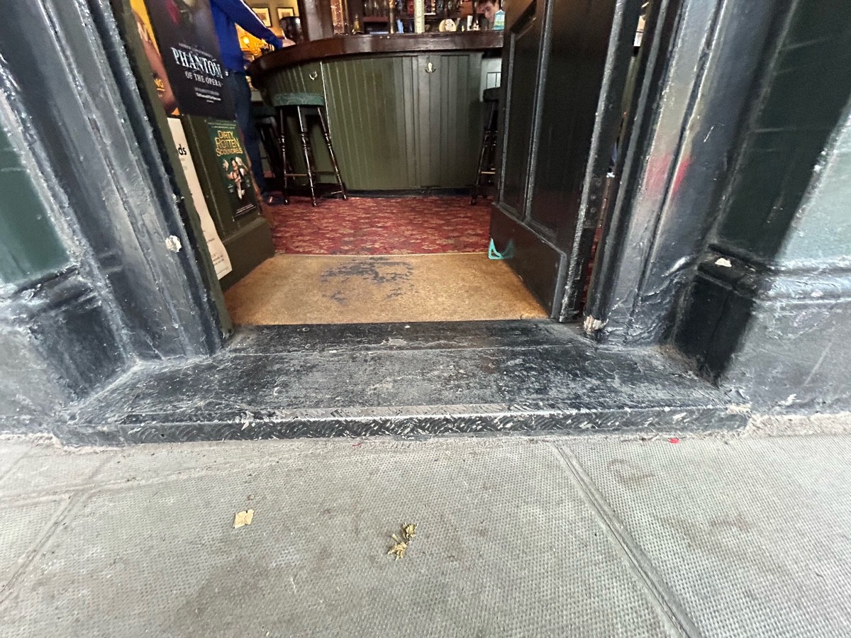 Step before door. Doormat beyond.