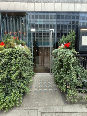 Facing single glass entrance door. Pull silver metal vertical handle on right to open. Hand rails with plans around them on both sides of door.