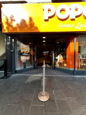 Path ahead to main entrance at back. Divider in middle, paths to left and right. Tiled floor before doorway.