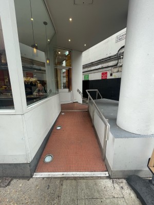 From pavement, facing straight. Built in ramp ahead to venue. Silver metal handrail along right.