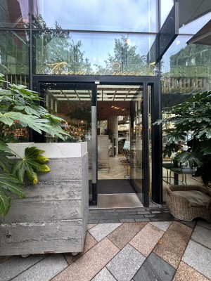 Double glass doors with black frame and silver pads in middle. Push to open. Grey welcome desk obstructs left door.