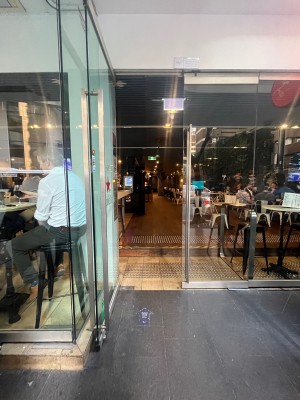 Glass double doors. Pull from middle.