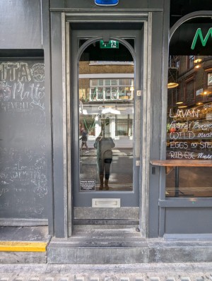 Grey and glass door with push pad on the right. Step before door.