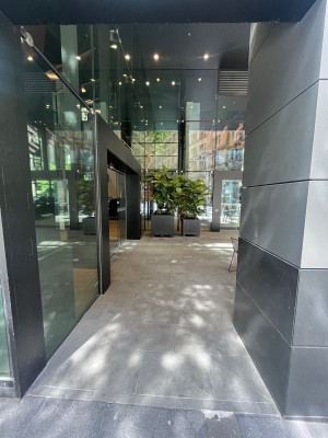Open archway from street. Doors on left wall ahead. Outdoor seating facing right ahead.