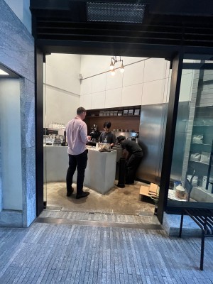 Glass double doors. Push from middle.