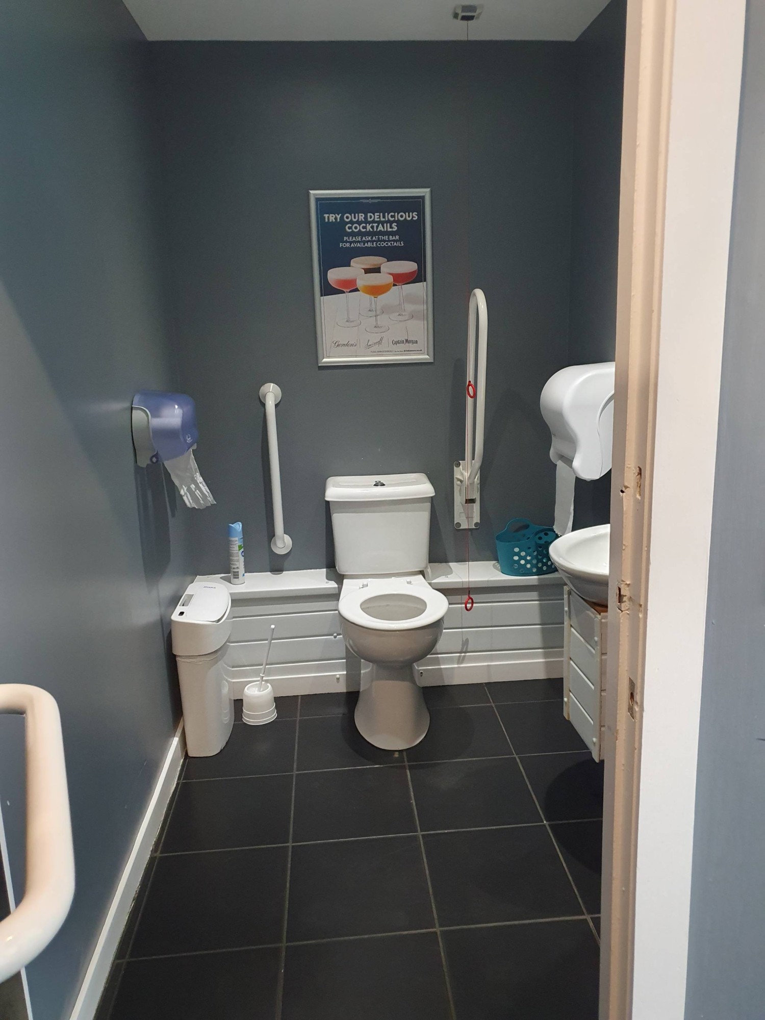 Disabled toilet area.
Low sink, Grab bars, emergency cord, sanitary bin