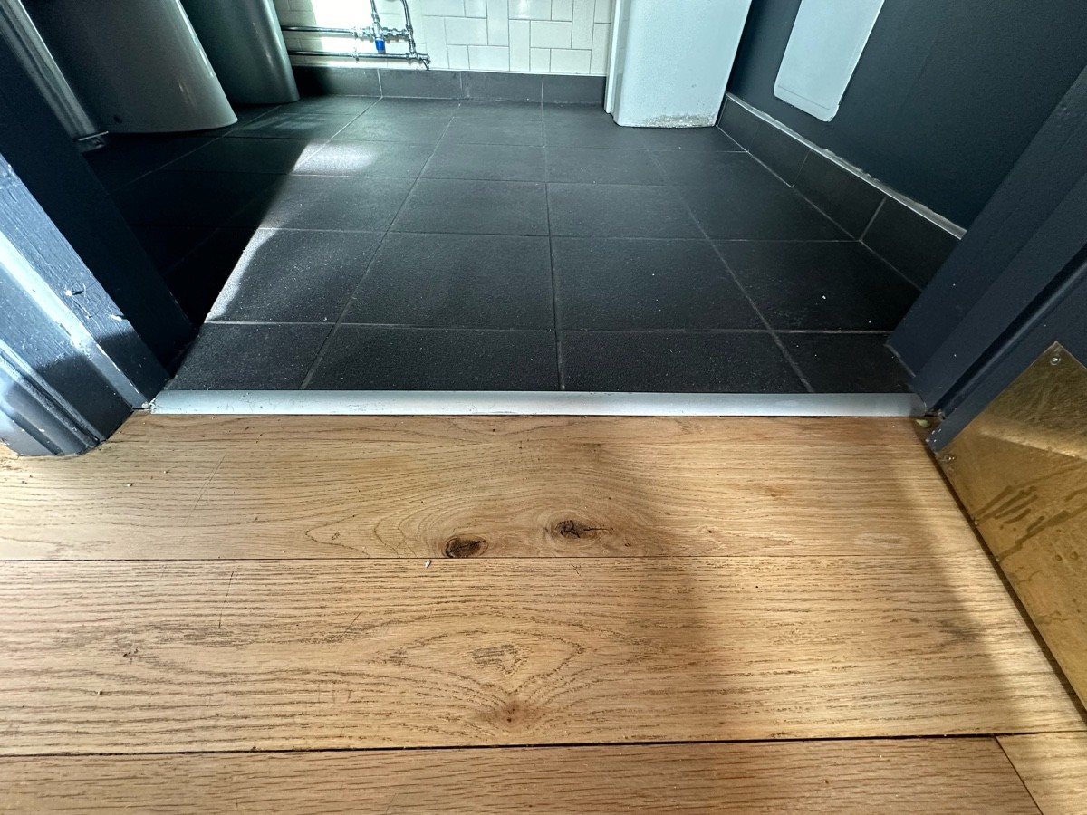 Small metal bump at foot of bathroom door.