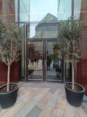 Glass doors with black frame. Silver, metal, vertical handles in middle. Push or pull to open.