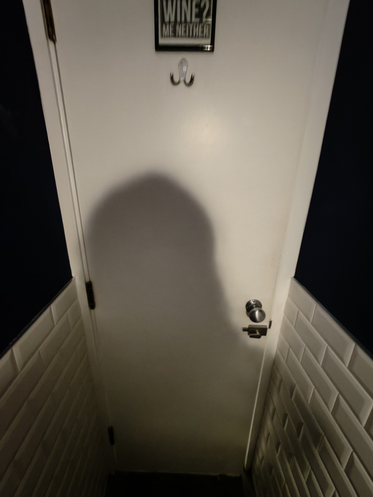 From toilet facing back of door. High hooks at top. Pull silver knob on right to open.