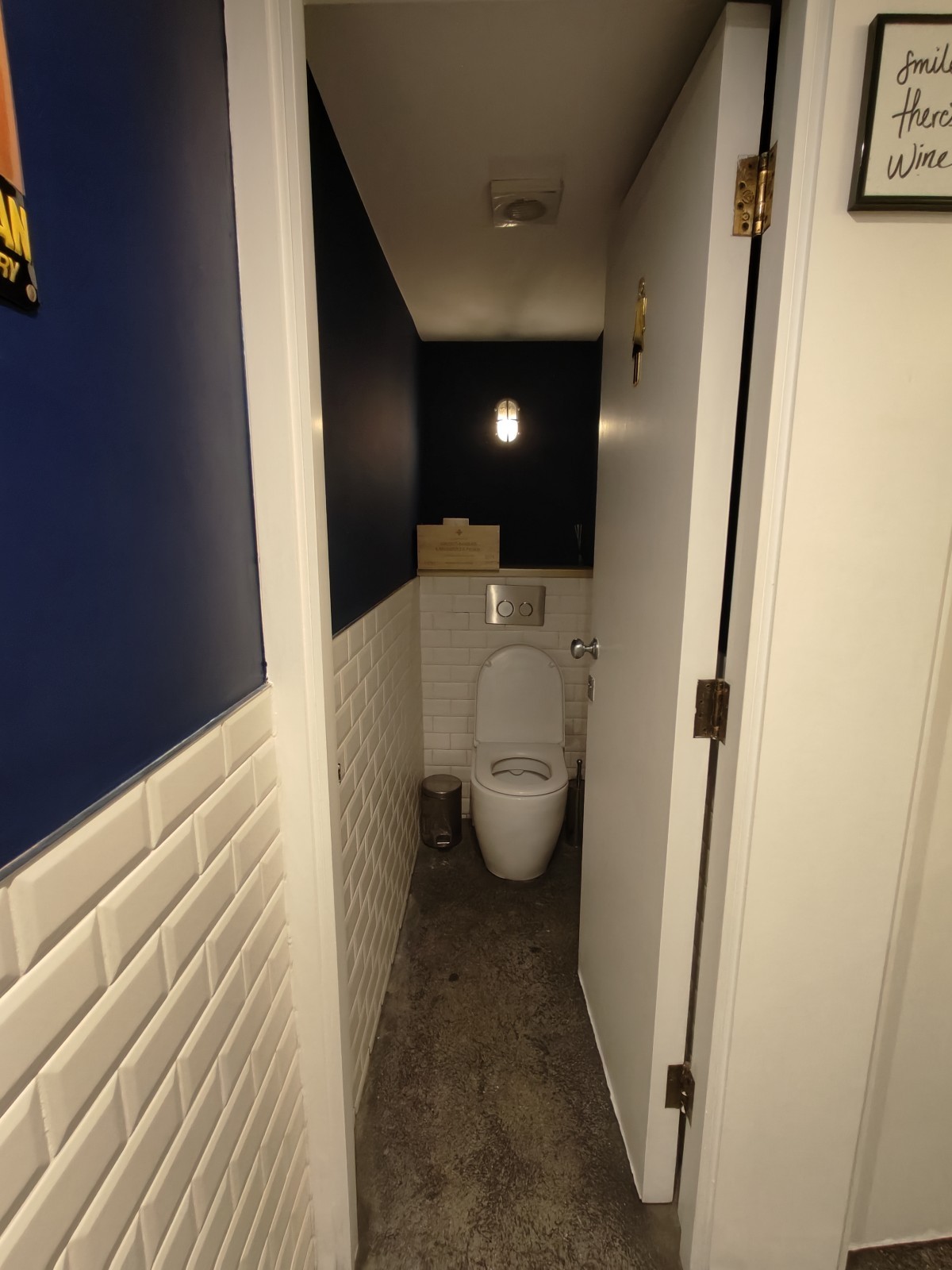 From sink facing female cubicle. Single white door. Push silver knob on left to open. Toilet at back.