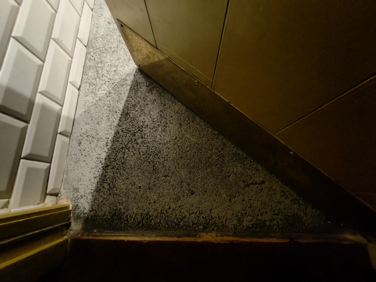 Small step down on threshold of door.