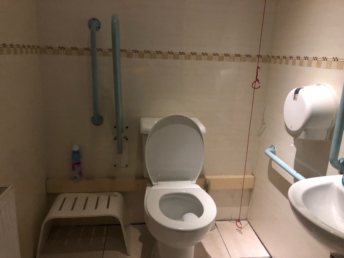 Toilet in the centre of the photo. There is a transfer bar and stool on the left, the sink is on the right.