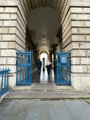 From pavement, facing straight. Blue gates ahead. Push open from centre.