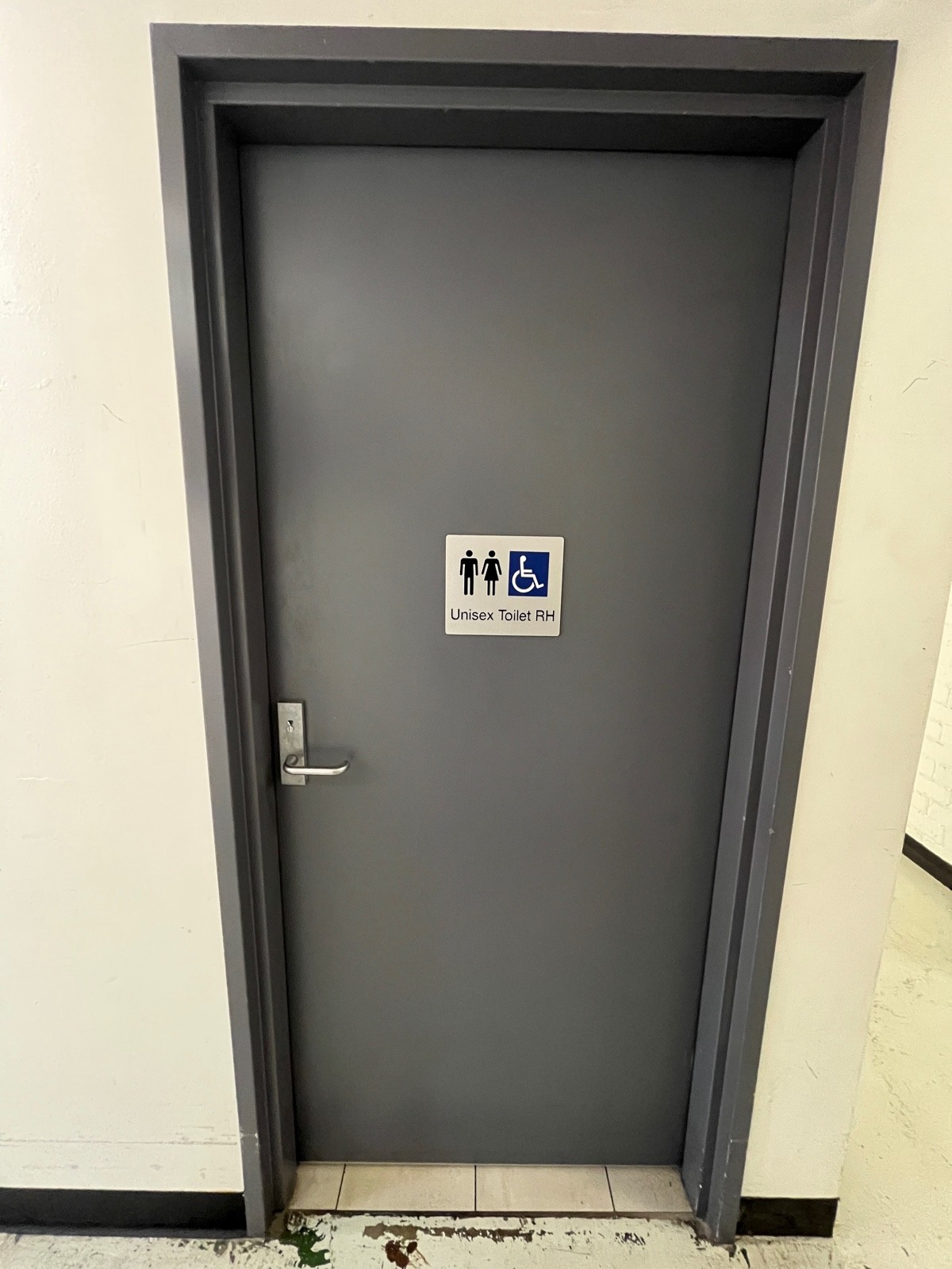 Grey wooden bathroom door. Turn silver handle and push from left.
