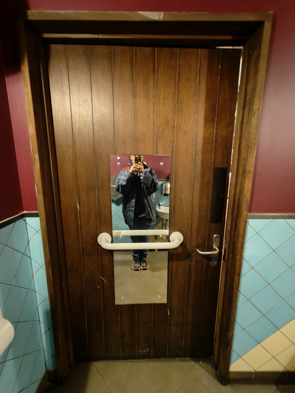 From sink facing back of toilet door. White horizontal grabrail in centre. Push silver handle on right to open.