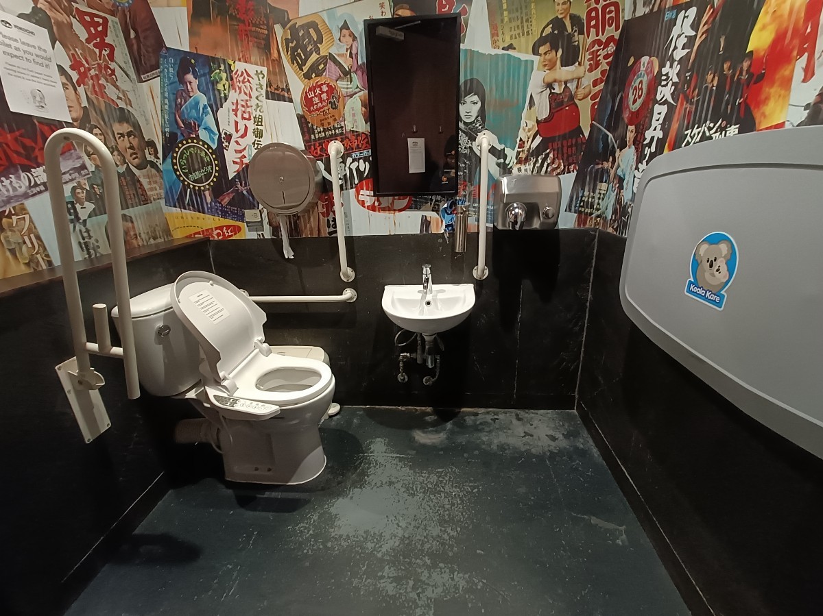 From doorway, looking straight. Baby change on right. Sink at back. Toilet on left. Path ahead.
