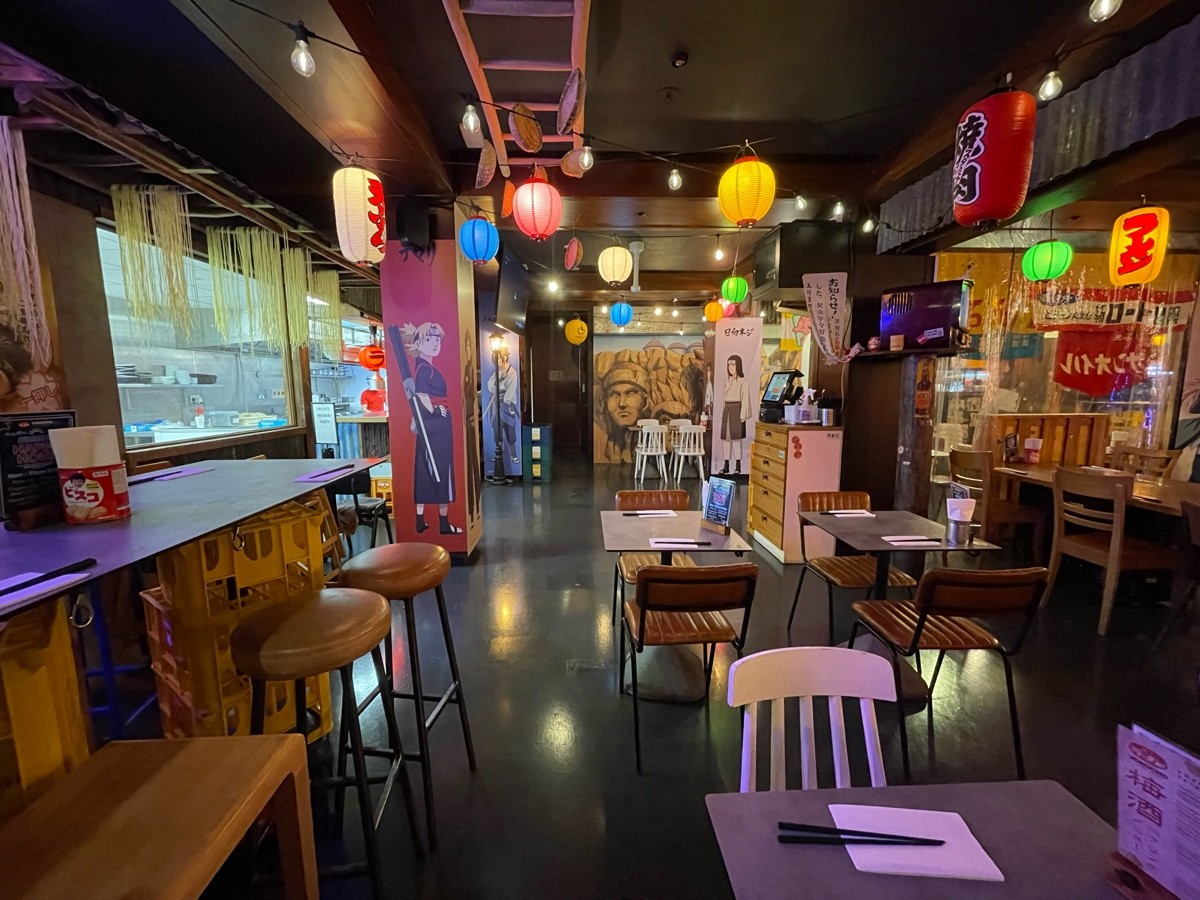 From after pillar, facing straight. High table and stools along left. Open kitchen at back left. Tables and chairs along right.