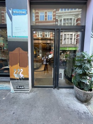 Metal-framed glass doors ahead. Wall on left. Potted plant on right. Push vertical metal handles at centre to open.