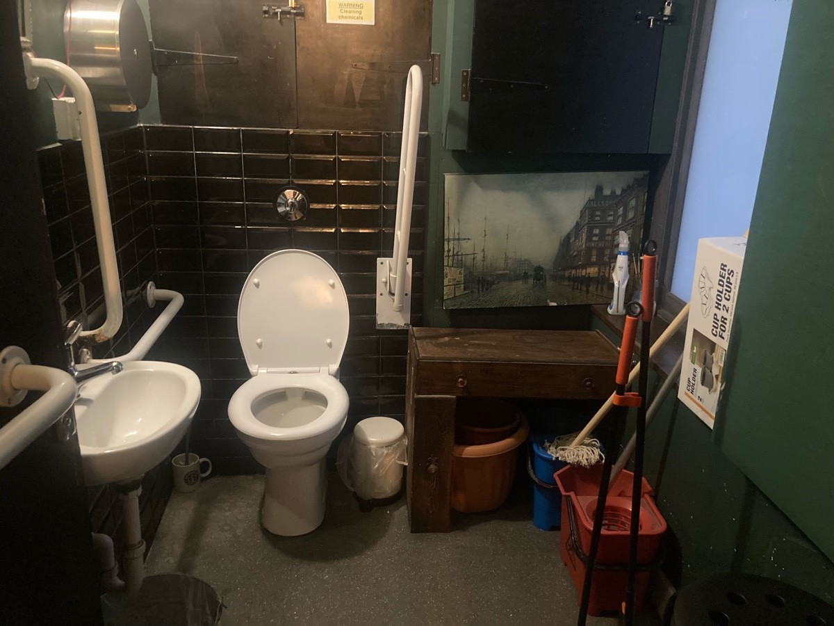 From door, facing straight. Sink on left, toilet on back left. Right hand transfer obstructed by shelve. Storage on right.