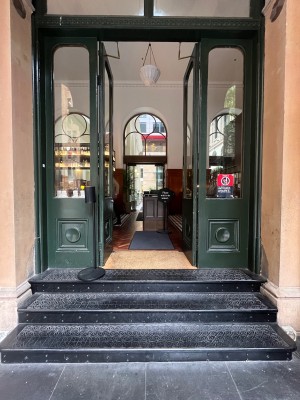 Glass double doors with dark green wooden frame. Push from middle. Welcome desk ahead through door. Doormat after door.