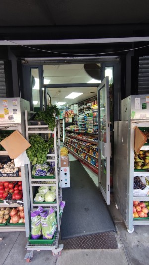 From pavement facing venue. Glass doors with grey frames ahead. Push or pull in centre. Doorway obstructed by shelf on left.