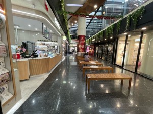 No door leading to service counter and seating.