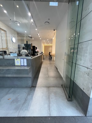 Glass door folds open to right. Door usually open in business hours.