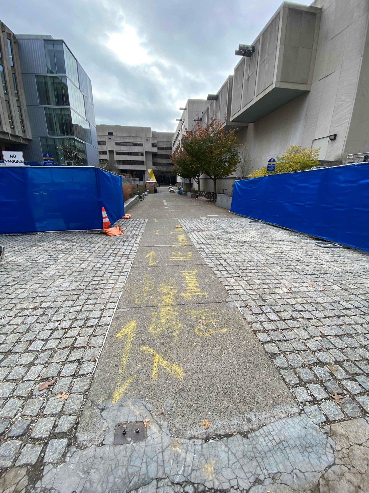 To reach behind the building, the only smooth pavement is very narrow, the rest is surrounded by bumpy stone.