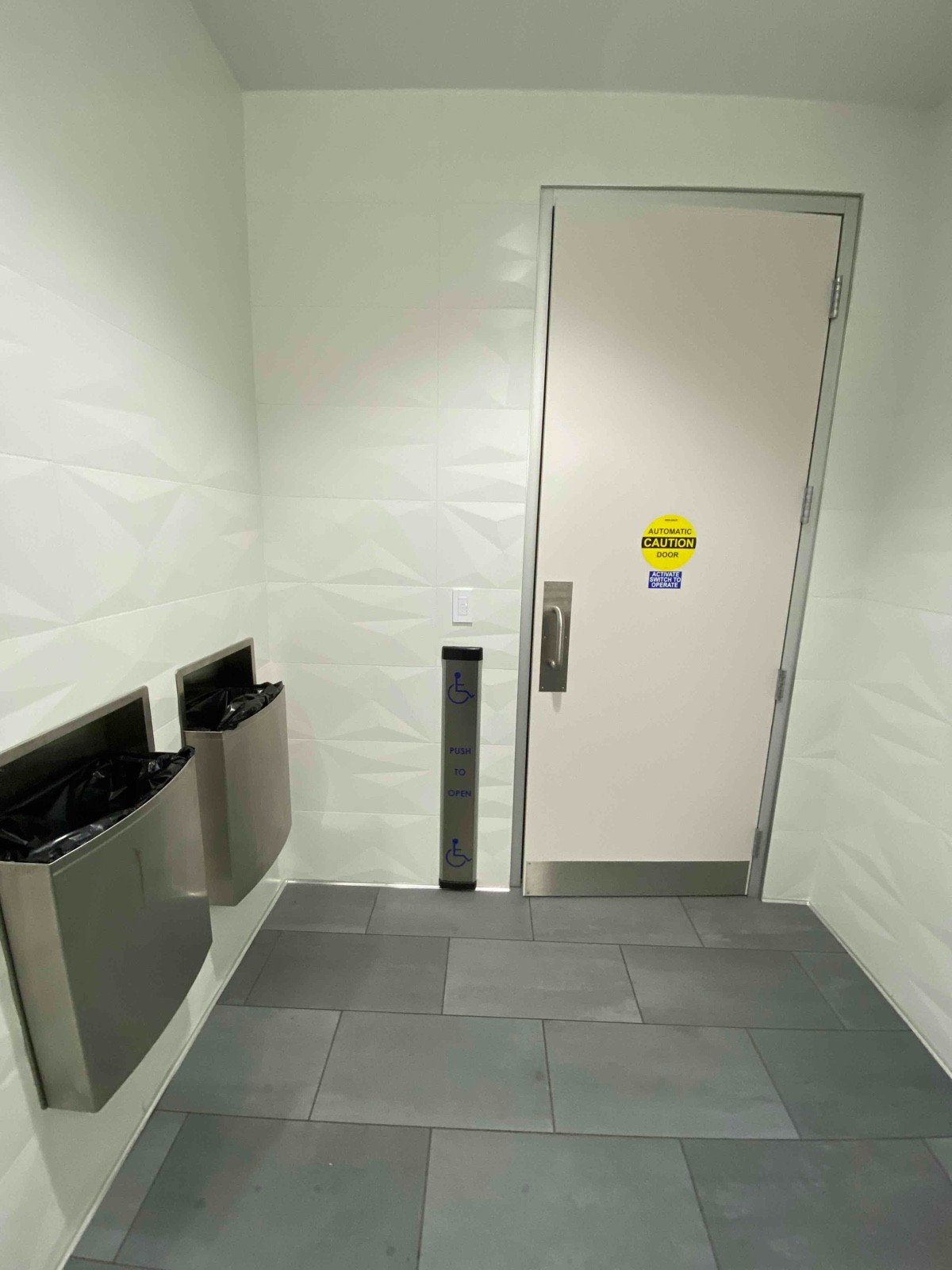 Medium height waste bins, automatic button for door (slow open), pull door to exit