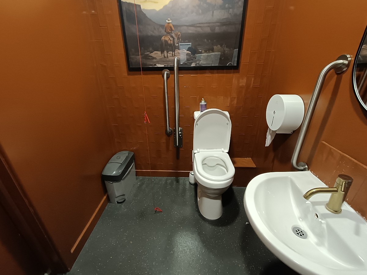 From doorway, looking left. Sink on right. Toilet at back. Emergency pull cord to it's left.