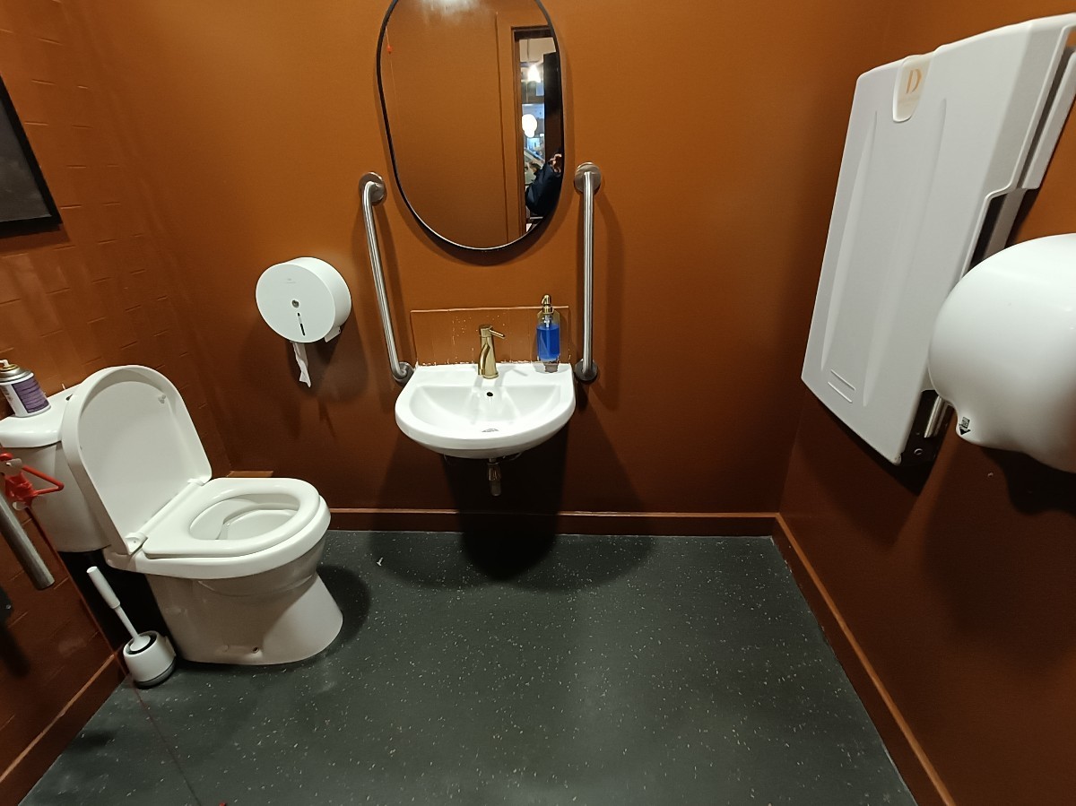 From doorway, looking straight. Baby change on right. Sink at back. Toilet on left.