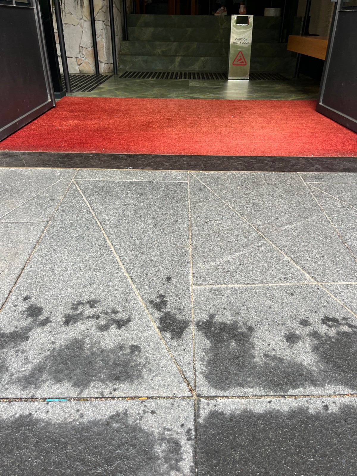 Built in ramp up to doors. Small bump before ramp and at foot of door. Doormat after door.
