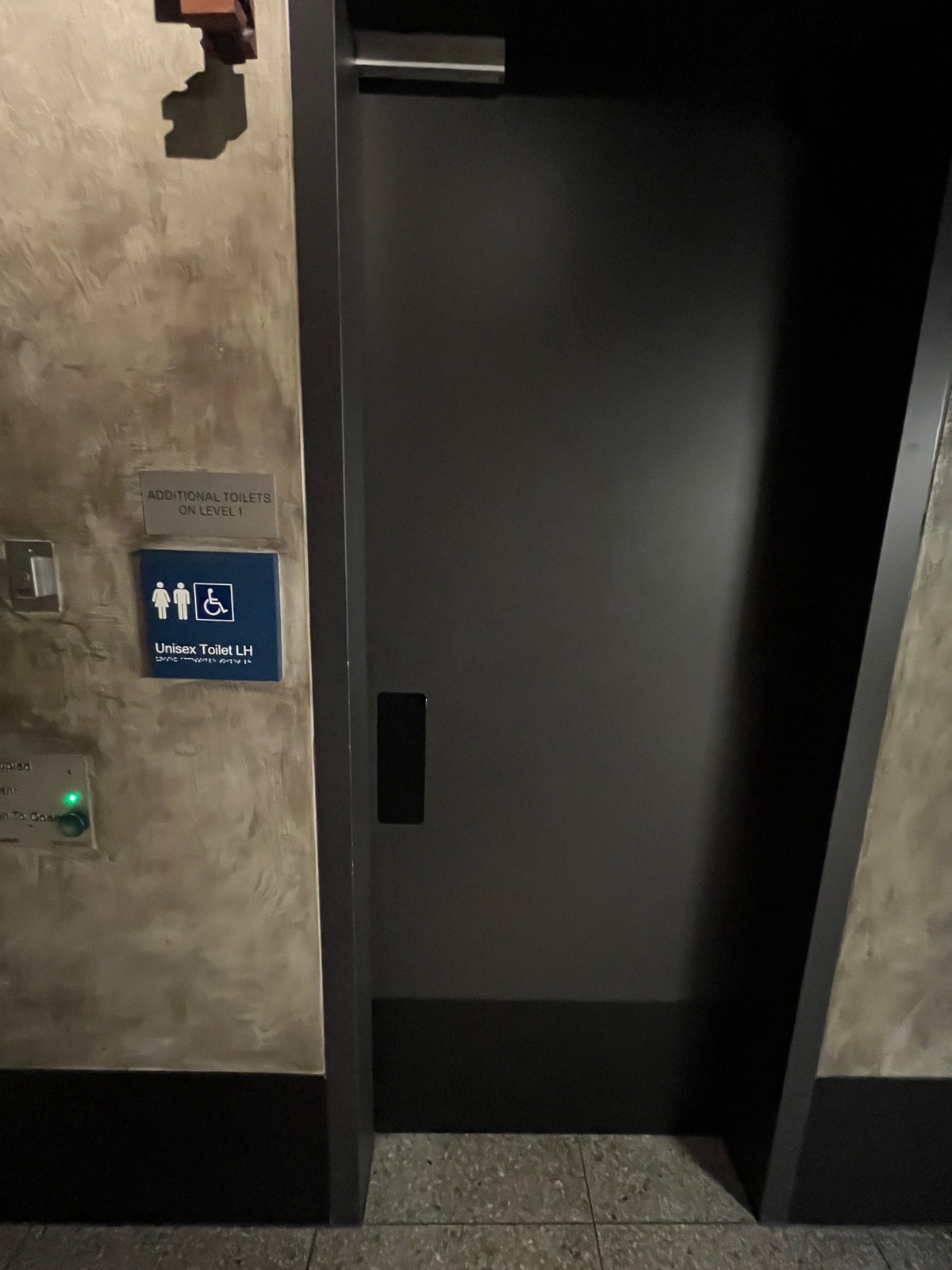 From after preceding door facing right. Grey wooden bathroom door opens inwards from left. Button to open on  wall to left.
