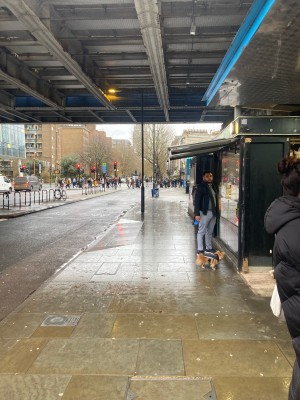 Path ahead to kiosk venue on right.