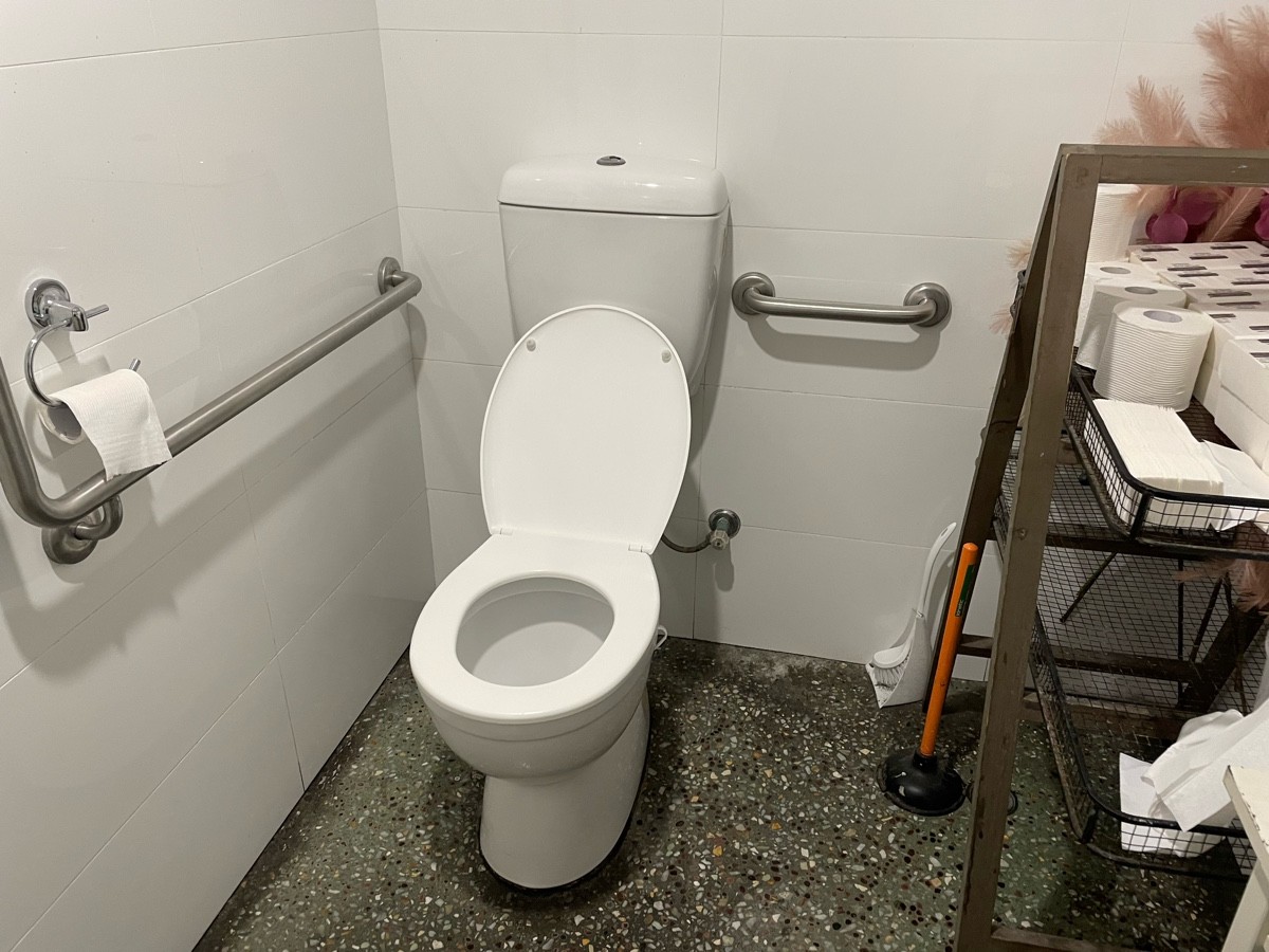 RHS transfer
Wall hand rails
Toilet is cluttered and used as a store room as well