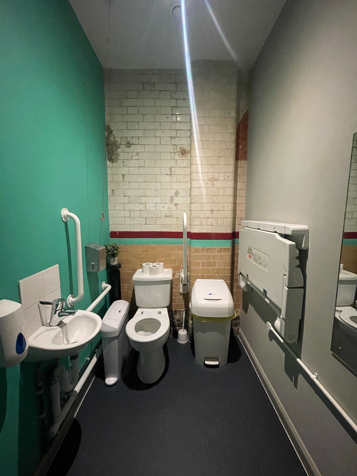 From door facing straight. Baby change on right. Toilet at back left. Emergency cord to its left. Sink to left.