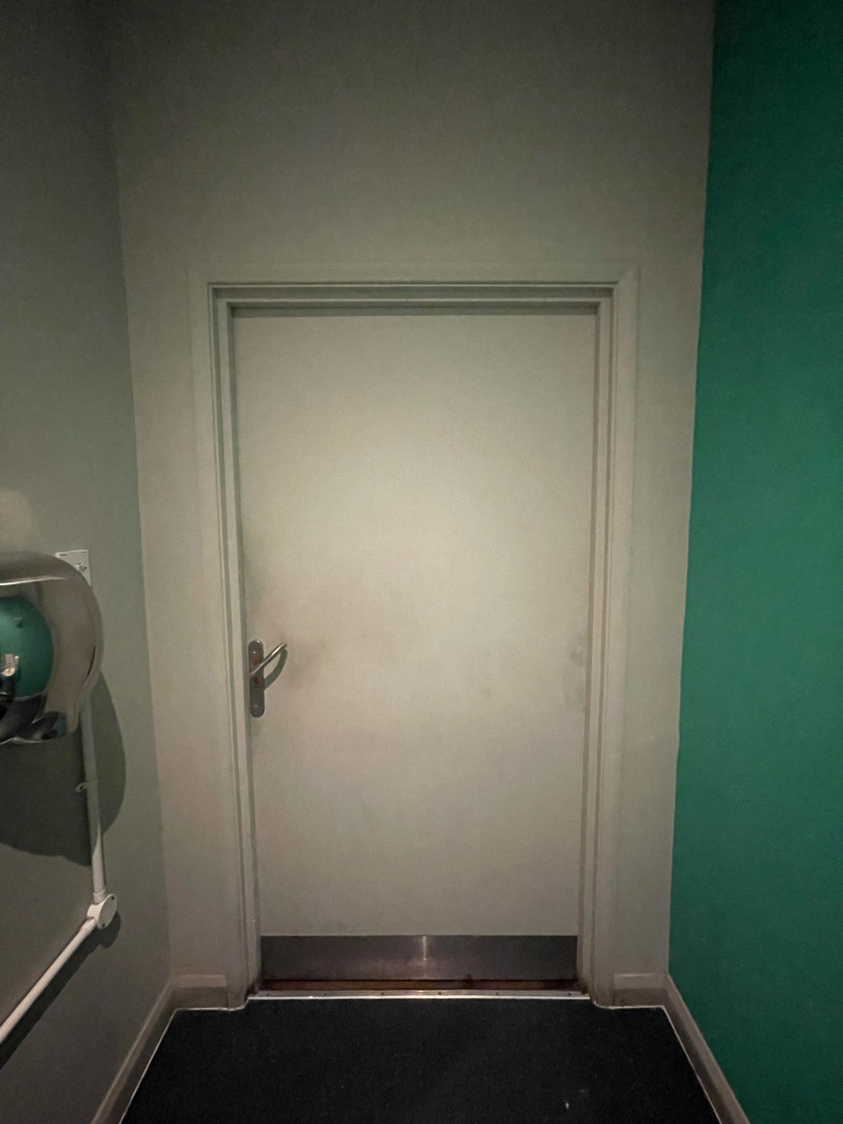 Back of bathroom door. Push silver metal handle on left to open.