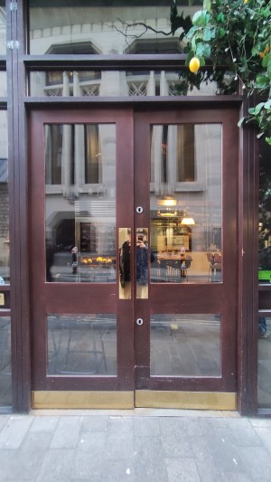 Glass doors with wooden frames. Push gold pads in centre to open.