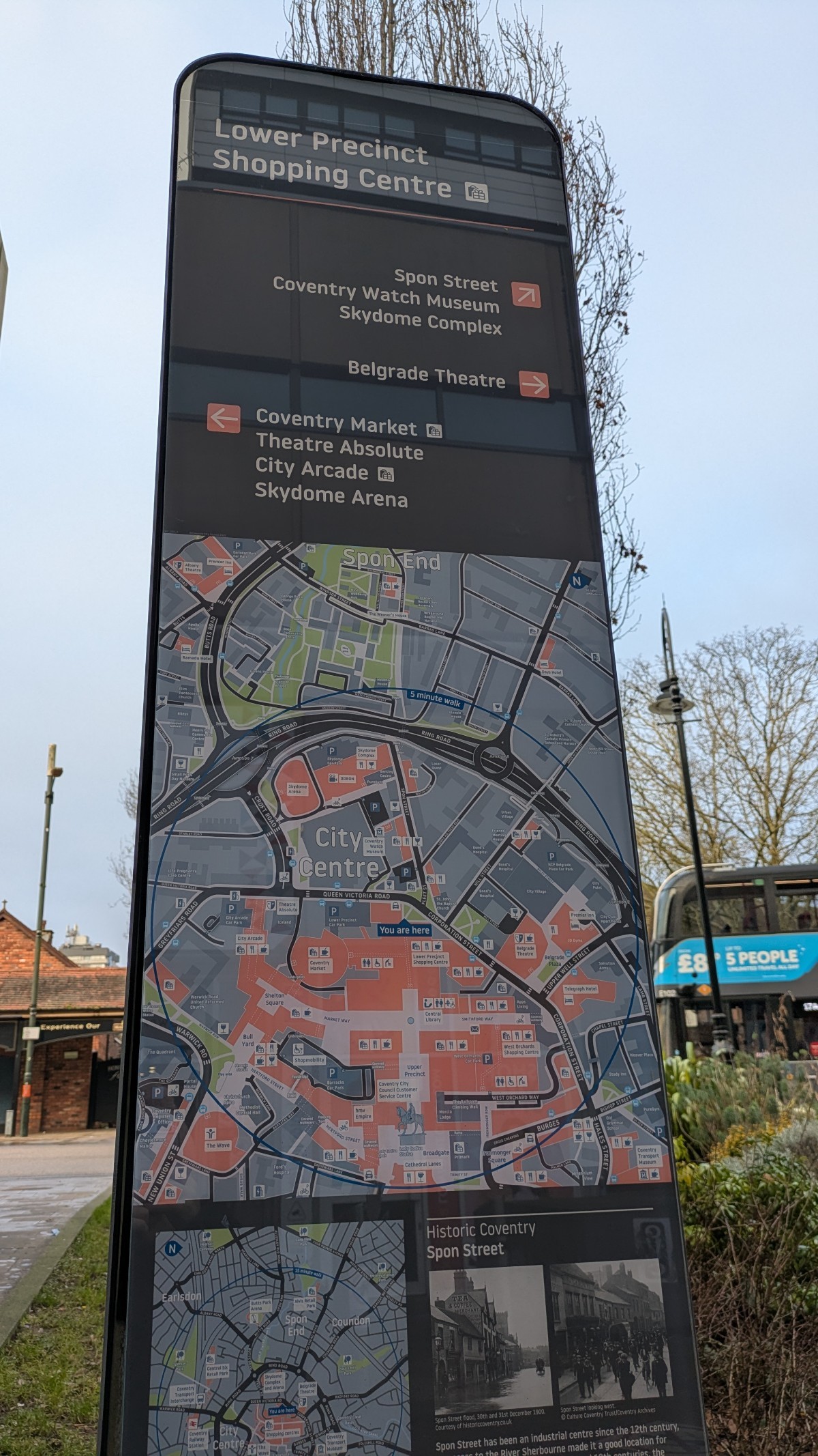 A council owned map just outside the rear entrance to the centre, detailing which locations are within a 5min walking radius & a 'you are here' pin