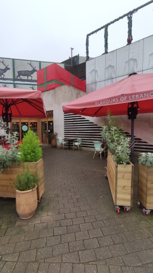 From pavement facing venue. Planters on left and right. Path in centre to doorway at back left.