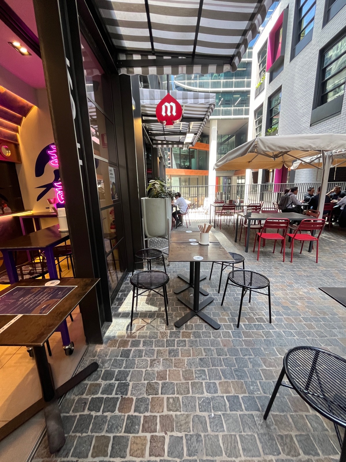 From entrance facing left. Tables with backless stools ahead.