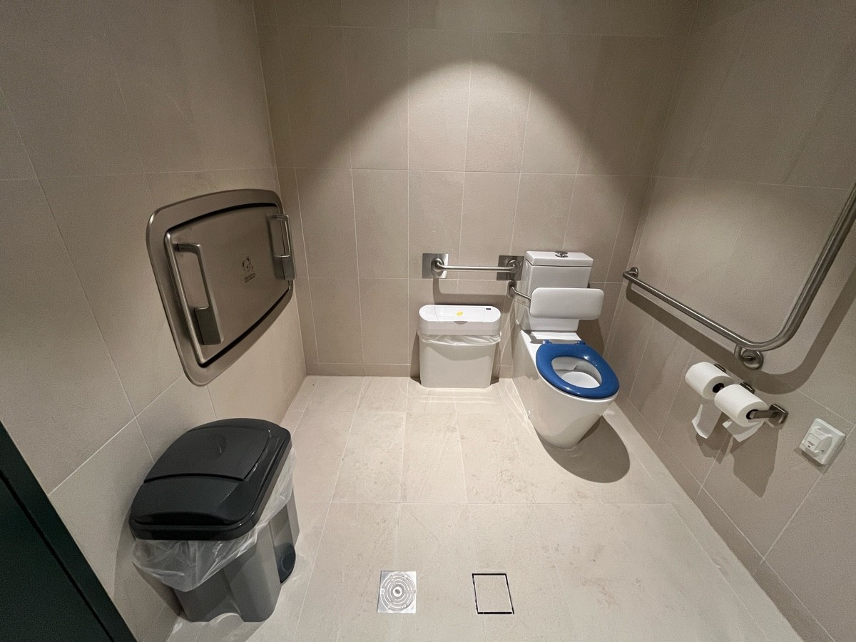 From door facing left. Baby change on left wall. Toilet on wall ahead. Emergency button on wall right wall.