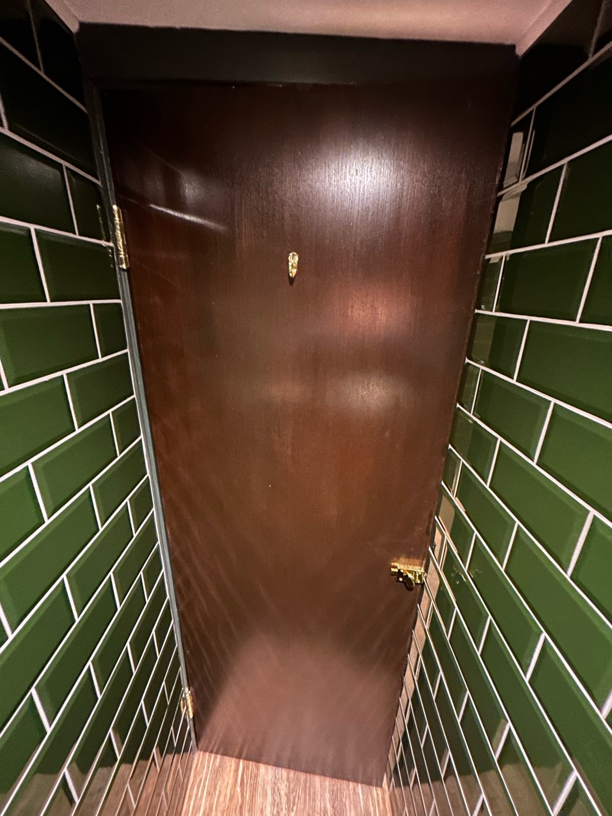 Facing back of toilet door. Gold hook at top centre. Lock on right, pull to open.
